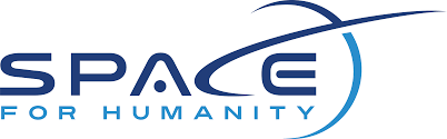 Space For Humanity Logo with the words space for humanity in blue lettering with blue stylized curves surrounding the letter e