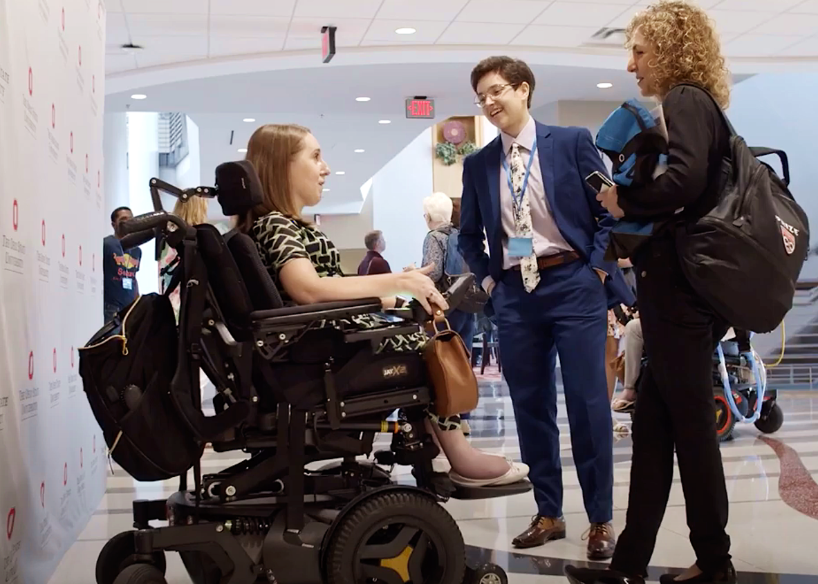 Anousheh Ansari (right), the first female private space explorer and keynote speaker at the SciAccess 2019 Conference, chats with Heather Tomko (left), public health researcher and 2018 Miss Wheelchair USA, and Anna Voelker (center). Credit: SciAcces/Heather Taylor.