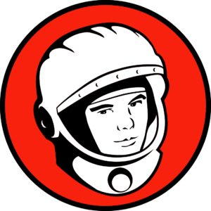Yuri's Night Logo picturing a man wearing a space helmet in front of a red circle