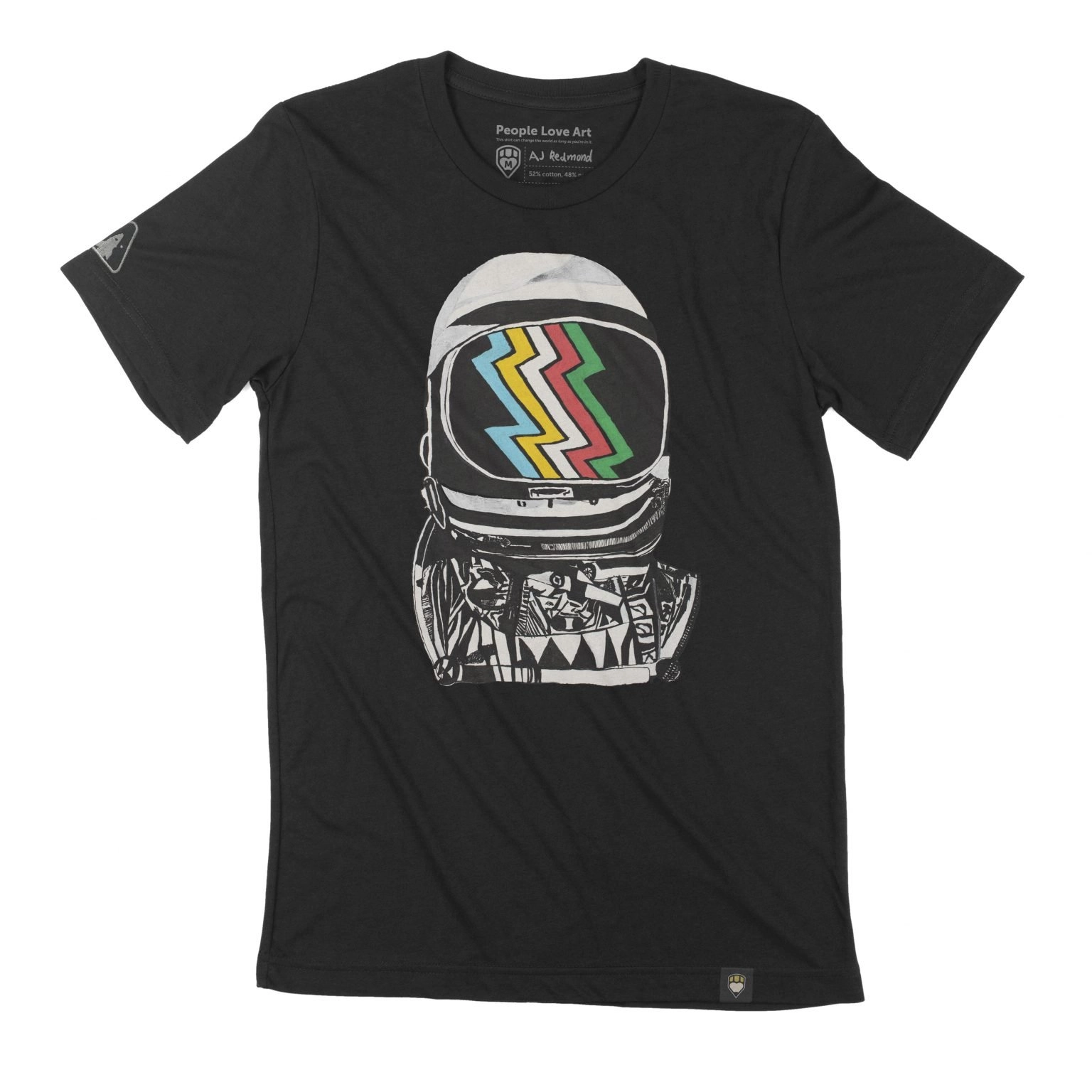 A close up of a black Unisex T-shirt with the “Looking Forward” design. The design features a bold high-contrast ink painting of the Mercury space helmet in black and white, reflecting the disability pride flag in the visor. The disability pride flag features five zigzag lines that are left to right blue, yellow, white, red, and green, on a black background with small gaps between each color.