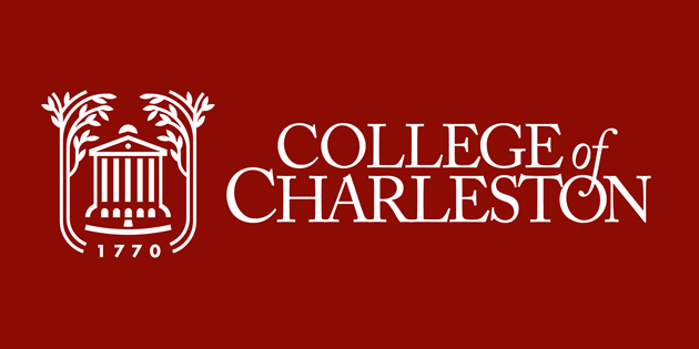 College of Charleston written in white lettering on a red background beside a logo of a building between trees with the year 1770