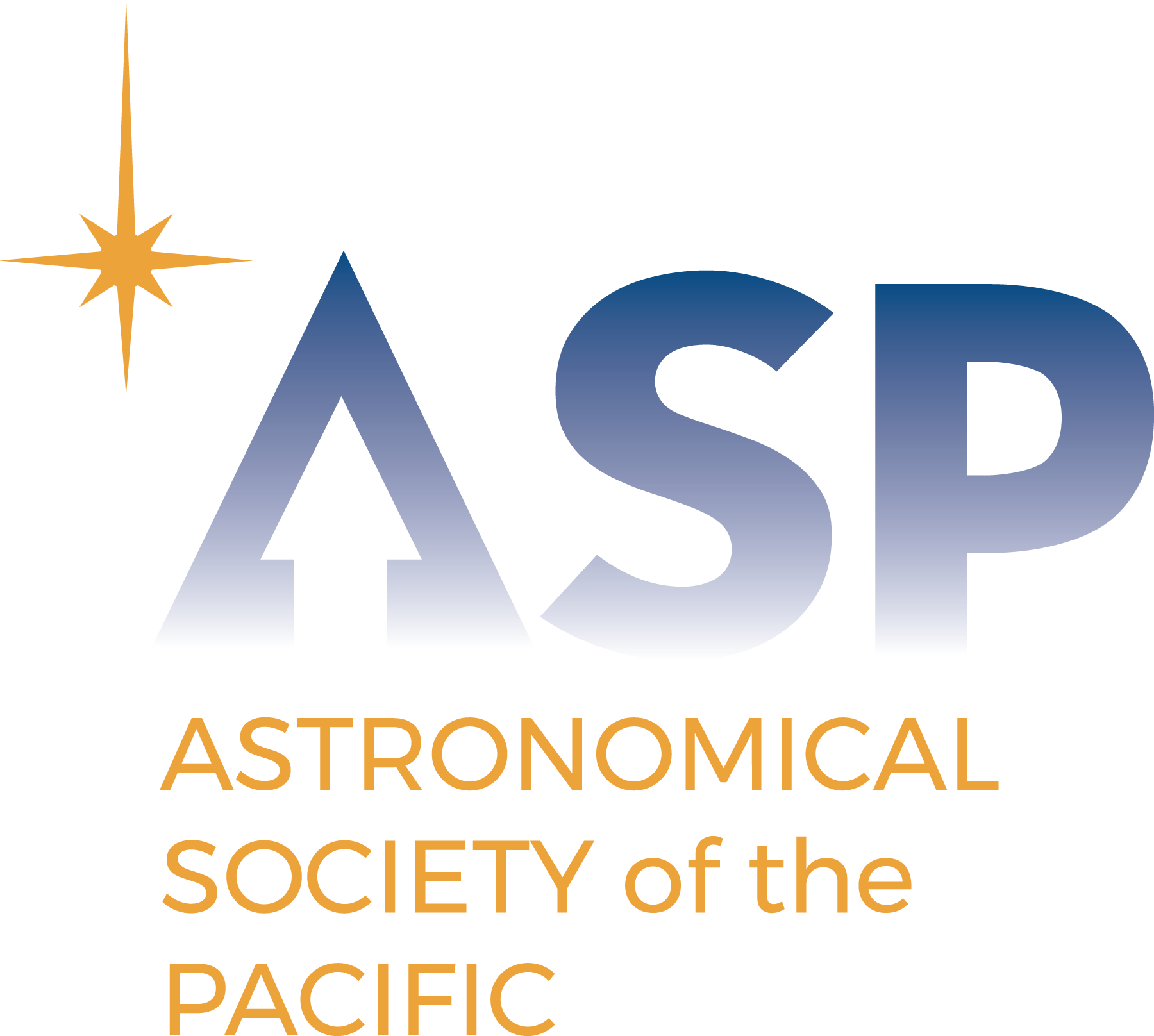 ASP Logo with the words astronomical society of the pacific in yellow lettering with an upward  pointing arrow in the letter A and an orange star in the background