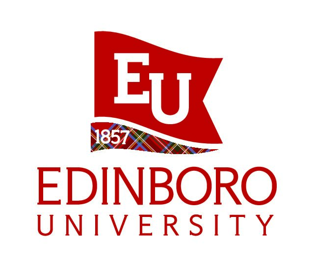 Edinboro University in red lettering beneath a red flag and tartan pennant with the year 1857 on it