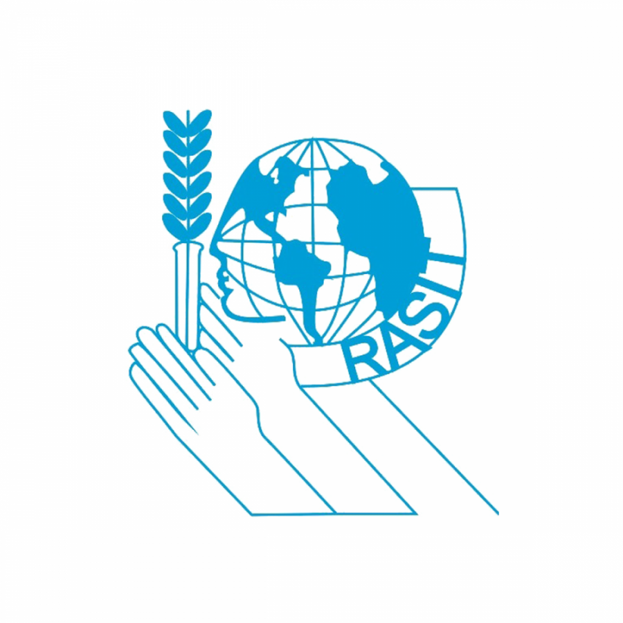 Royal Academy of Science International Trust logo picturing the earth next to a pair of hands holding a piece of wheat in a test tube