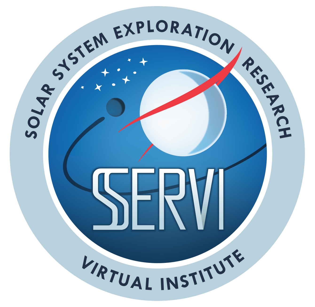 Solar System Exploration Research Virtual Institute written around a round logo picturing an object orbiting a white planet