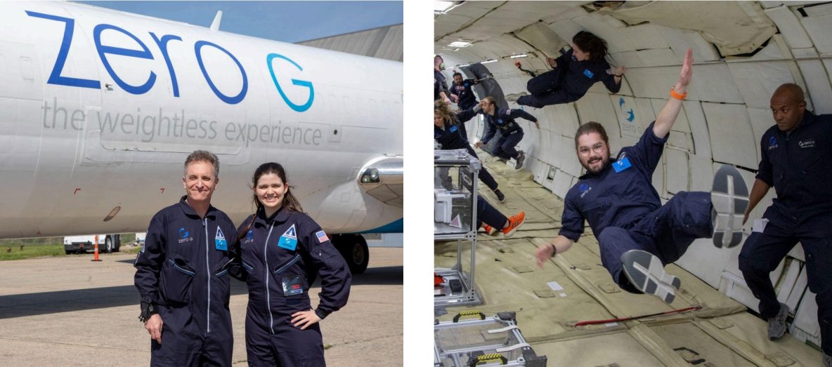 2 images of 3 AstroAccess Ambassadors in flights. Caitlin holds an award certificate and Deena is holding a white cane. From left to right: AstroAccess Ambassadors Larry Guterman, Brenda Williamson, and in the second image Ambassador Kyle Horn. Larry and Brenda are standing in front of a Zero G plane and Kyle is in zero gravity plane.