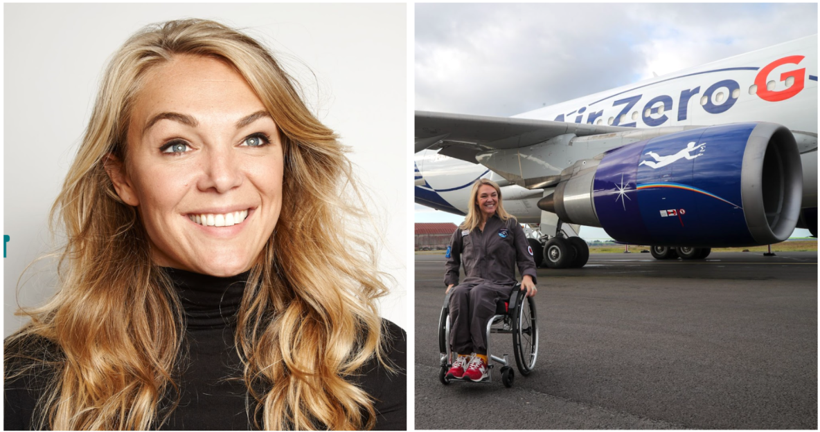 Left: Sophie Morgan, a white woman with long blonde hair, smiling in her headshot. Right: Sophie Morgan poses in her wheelchair on the tarmac in front of aircraft labeled “Air Zero G” in Mérignac, France.